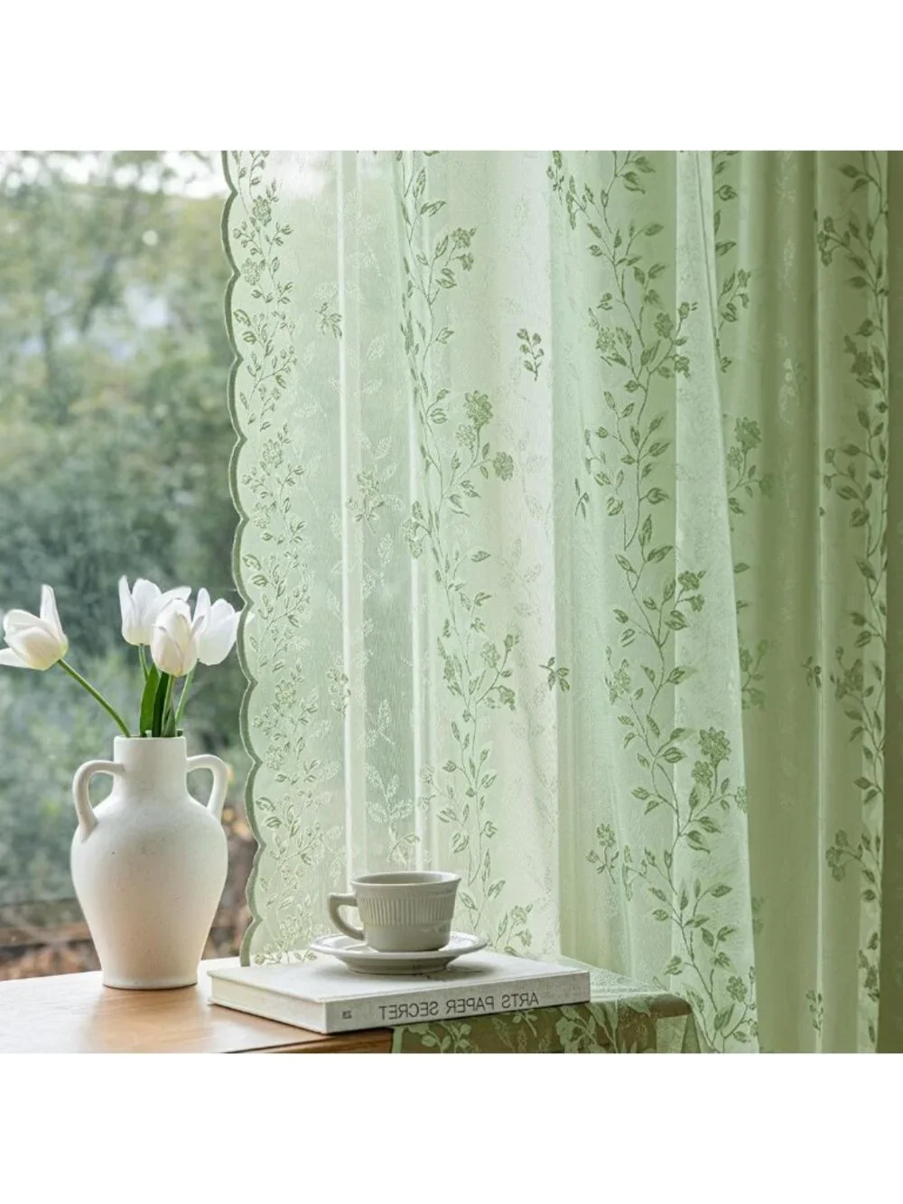 Sage Green Floral Lace Curtains, 84